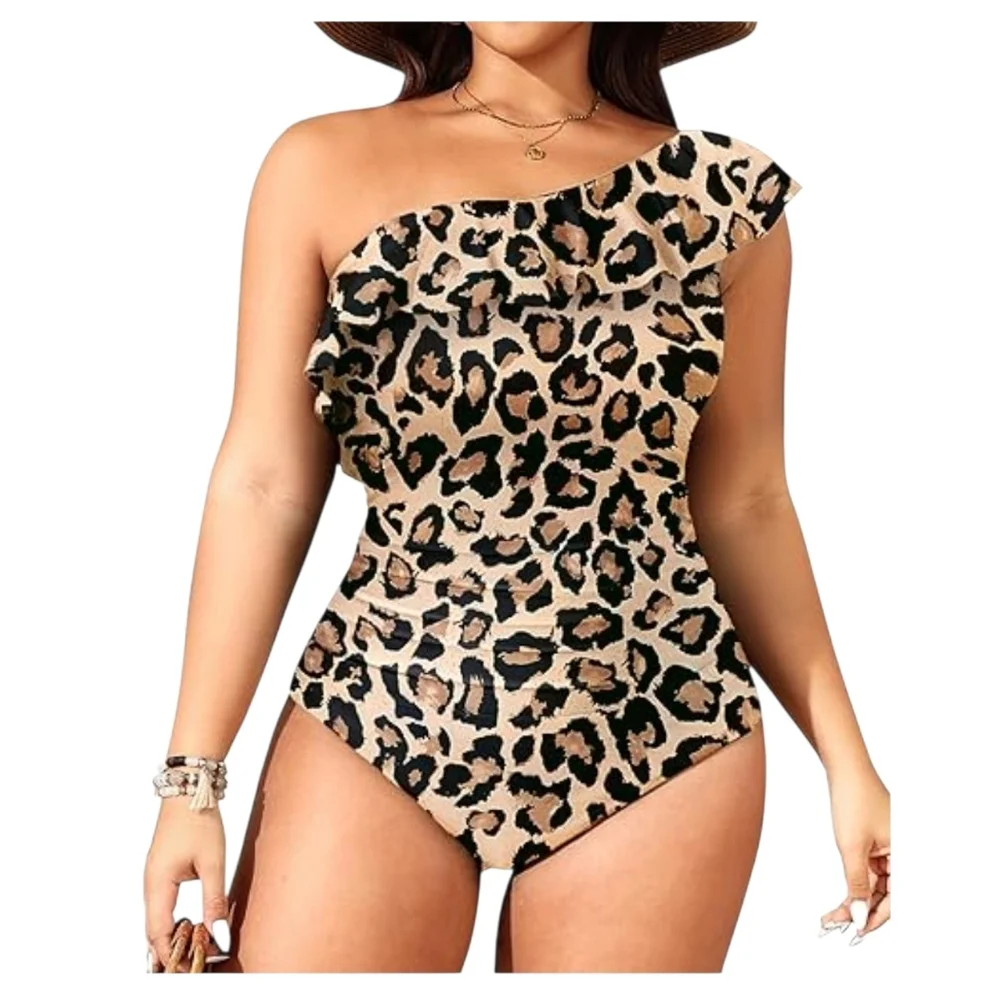 AQUA EVE - 18W Elegant Leopard Print One Shoulder Swim Suit - Picture 3 of 10